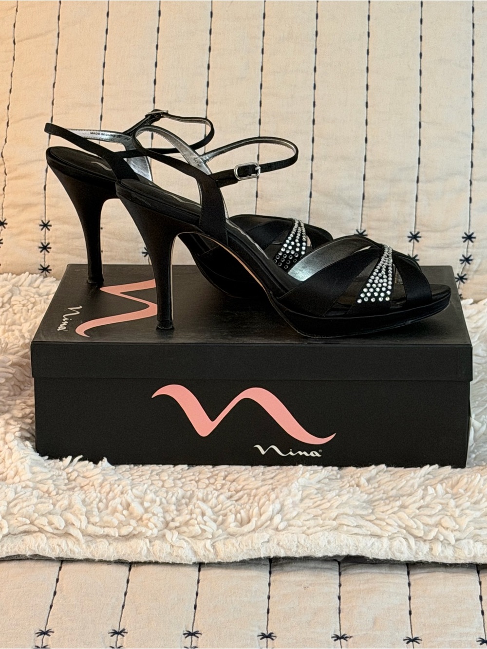 Nina Black Strappy Crystal-Embellished High Heels